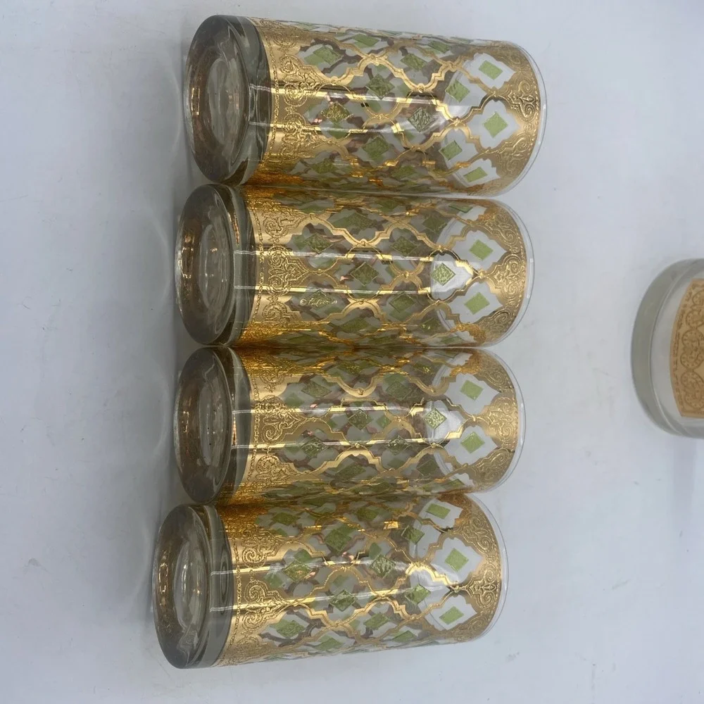 VTG MCM Culver Valencia  22k Gold Tumblers 5 Pc Glasses & Pitcher Barware Set